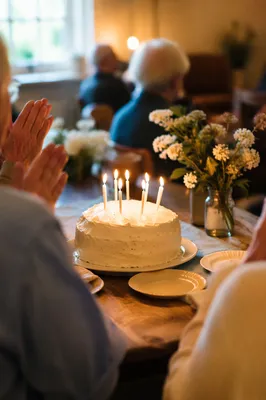 Church Fellowship Birthday Cake With Glowing Candles