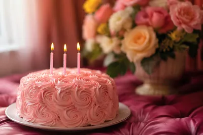 Pink Birthday Cake With Lit Candles