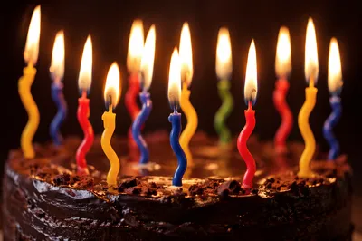 Glowing Candles on Chocolate Birthday Cake