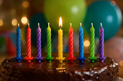 Lit Candle on Chocolate Birthday Cake