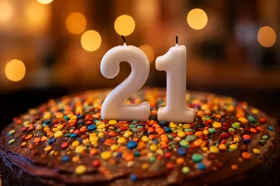 Chocolate Birthday Cake With Number 21 Candles