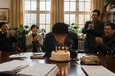 Cozy Office Birthday Cake Candle Celebration