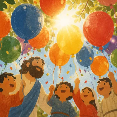 Colorful Birthday Balloons Under Sunlit Trees