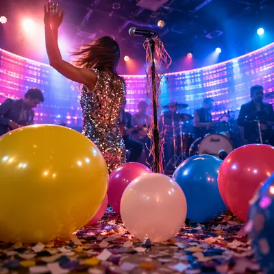 Colorful Birthday Stage with Balloons and Confetti