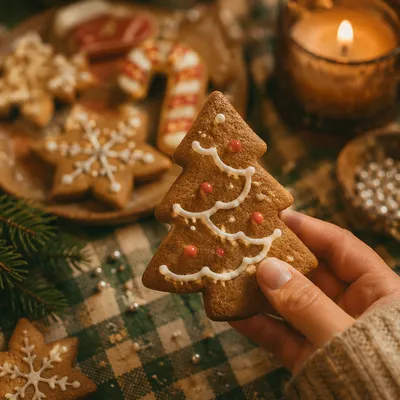 Hand Holding Festive Gingerbread Tree Cookie