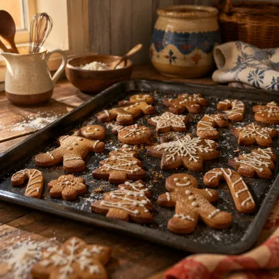 Fresh Gingerbread Christmas Cookies on Rustic Tray