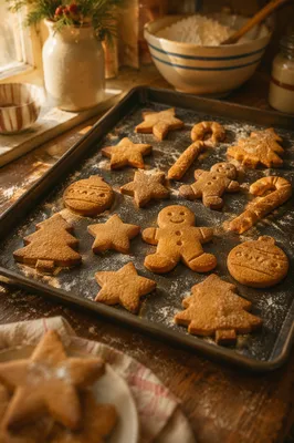 Fresh Gingerbread Christmas Cookies on Baking Tray