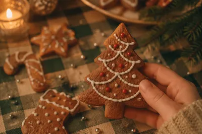 Hand Holding Festive Gingerbread Tree Cookie