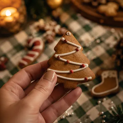 Hand Holding Festive Gingerbread Tree Cookie