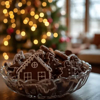 Cozy Gingerbread Cookies with Christmas Tree Bokeh