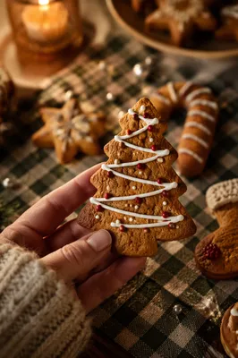 Hand Holding Festive Gingerbread Tree Cookie