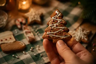 Hand Holding Festive Gingerbread Tree Cookie