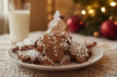Festive Gingerbread Cookies on Lace Tablecloth
