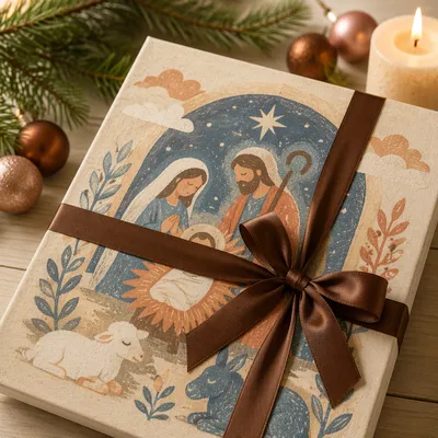 Elegant Ivory Christmas Gift With Brown Ribbon