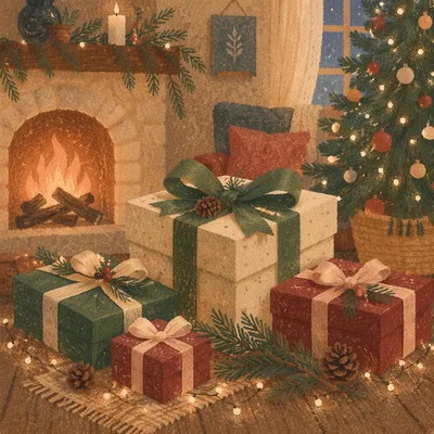 Cozy Christmas Gift Boxes by Fireplace