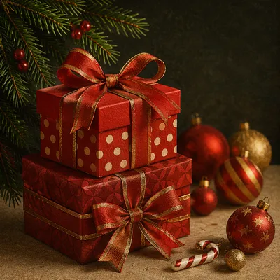 Festive Red Christmas Gift Boxes with Bows