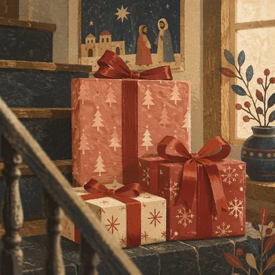 Cozy Christmas Gift Boxes by Staircase