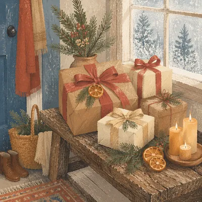 Rustic Christmas Gift Boxes by Frosted Window