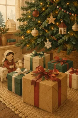 Christmas Gift Boxes Under Evergreen Tree