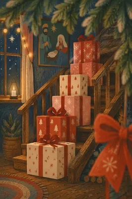 Christmas Gift Boxes on Rustic Staircase