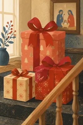 Cozy Christmas Gift Boxes by Staircase