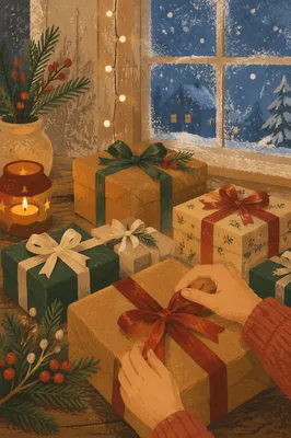 Christmas Gift Boxes by Frosted Window