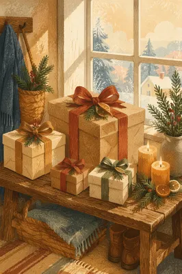 Rustic Christmas Gifts by Frosted Window