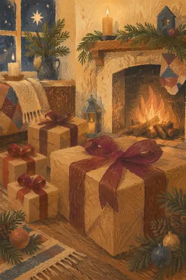 Burgundy Ribbon Christmas Gifts by Fireplace