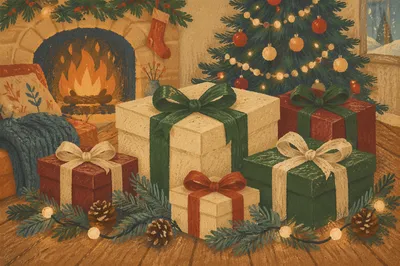 Elegant Christmas Gift Boxes by Fireplace