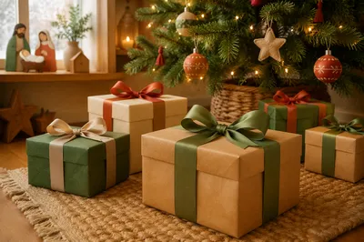 Christmas Gift Boxes Under Evergreen Tree