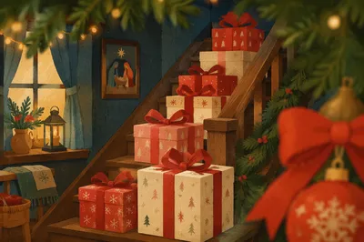 Cozy Christmas Gift Boxes on Staircase