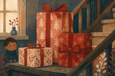 Cozy Christmas Gift Boxes by Staircase