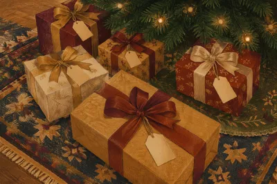Christmas Gift Boxes Under Evergreen Tree