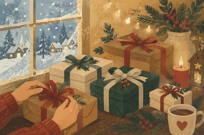 Christmas Gift Boxes by Frosted Window
