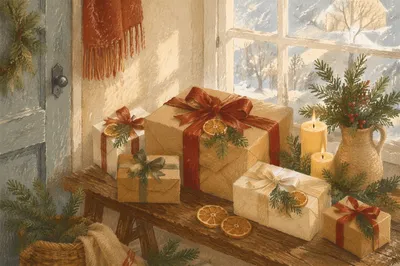 Rustic Christmas Gift Boxes by Frosted Window