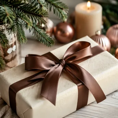 Elegant Ivory Christmas Gift with Brown Ribbon