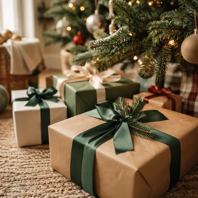Christmas Gift Boxes Under Evergreen Tree