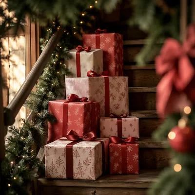 Christmas Gift Boxes on Rustic Staircase