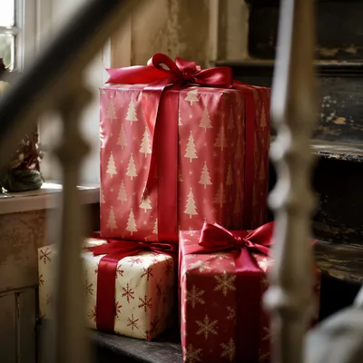 Cozy Christmas Gift Boxes on Stair Ledge