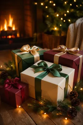 Elegant Christmas Gift Boxes by Fireplace