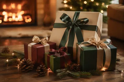 Elegant Christmas Gift Boxes by Fireplace