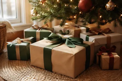 Christmas Gift Boxes Under Evergreen Tree