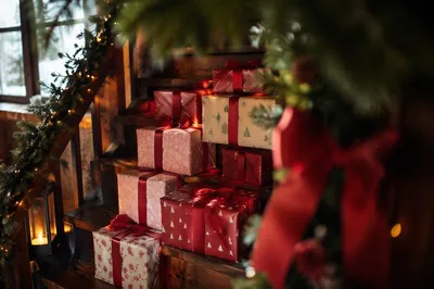 Cozy Christmas Gift Boxes on Staircase