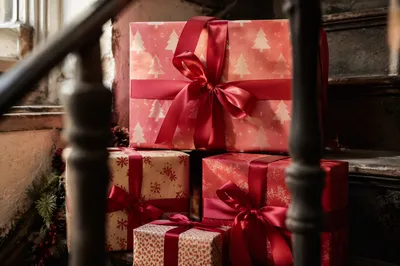 Cozy Christmas Gift Boxes by Staircase