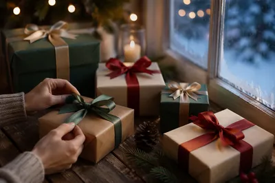 Christmas Gift Boxes by Frosted Window