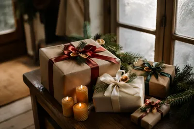 Christmas Gift Boxes by Frosted Window