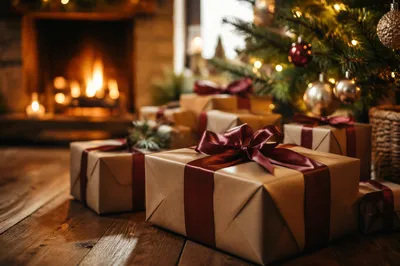 Christmas Gift Boxes by Warm Fireplace