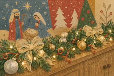 Warm Christmas Garland with Ornaments and Lights