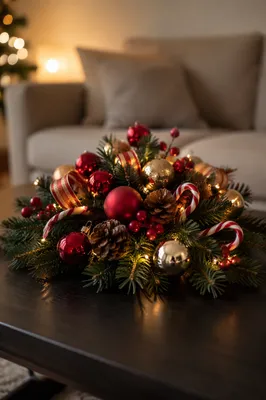 Warm Christmas Tabletop Centerpiece With Ornaments