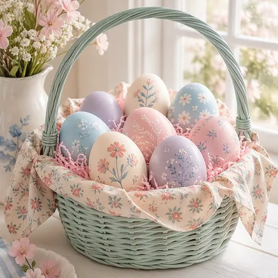 Colorful Easter Eggs in Mint Basket